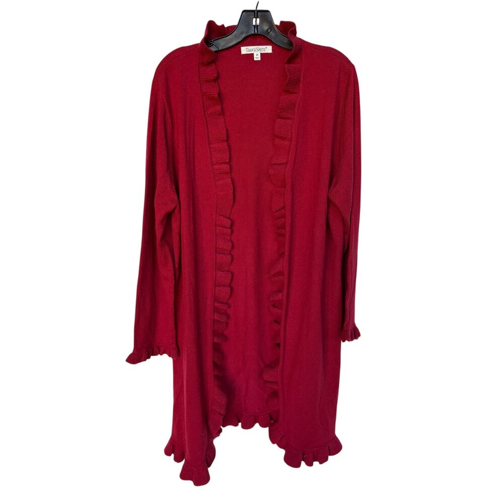 Travelsmith Red Ruffled Open Front Long Cardigan size 2X Lightweight Easy Care